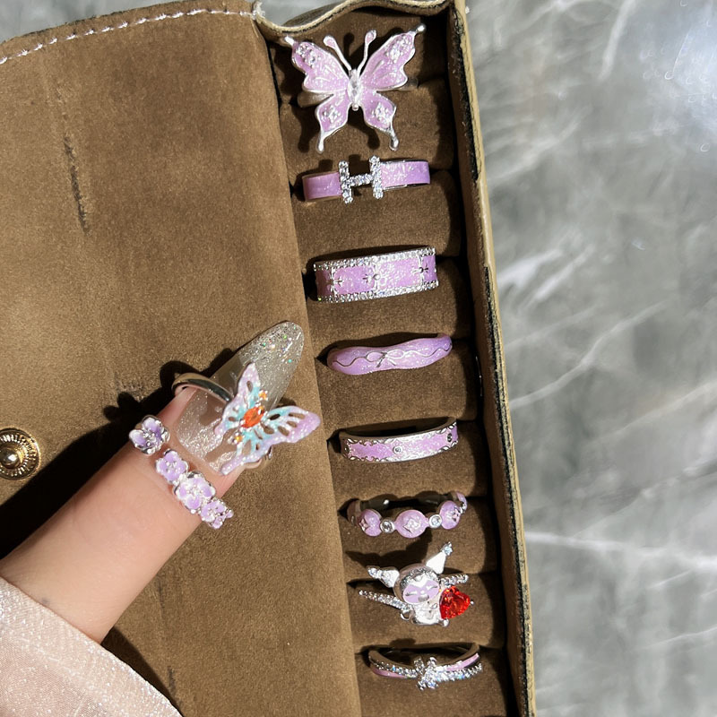 French sweet and iridesy light pink purple drip glaze open ring, female butterfly iris flower best-selling frosted niche ring details Picture