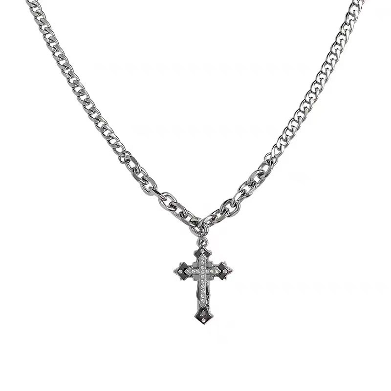 European and American trend diamond-encrusted double-layer cross pendant stainless steel necklace, hip-hop style light luxury long sweater chain Item Picture
