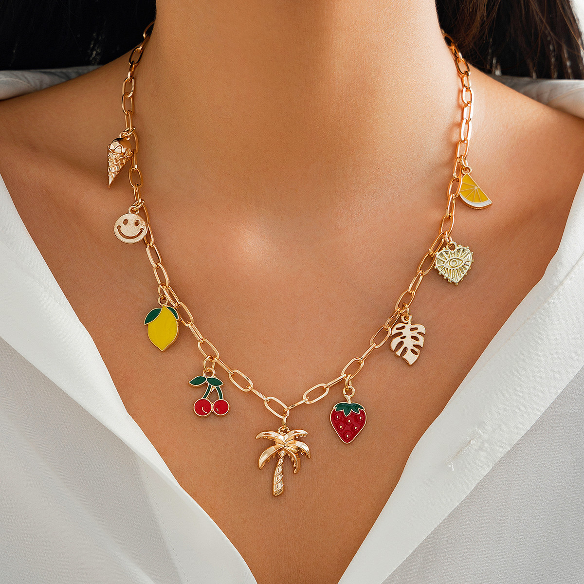 European and American cross-border jewelry bohemian-style cherry pendant collarbone chain sweet dopamine necklace versatile full figure