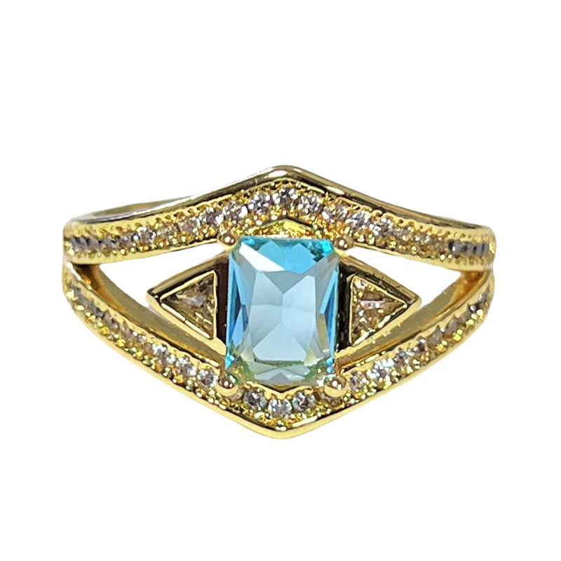 Summer accessories: Retro and exquisite geometric sea blue zircon open ring, feminine texture, light luxury, sweet and cool, versatile index finger ring Item Picture