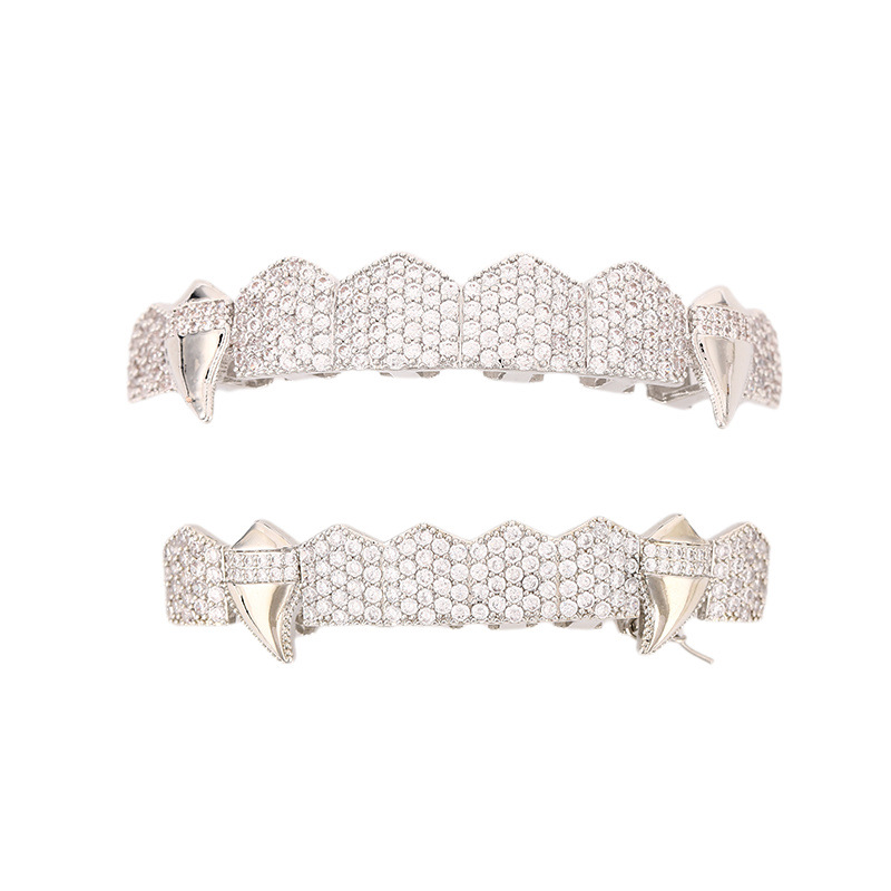 Halloween Vampire Fangs European and American Hip-hop 8 fangs, Grills copper studded with diamonds, personalized and fashionable hip-hop teeth details Picture