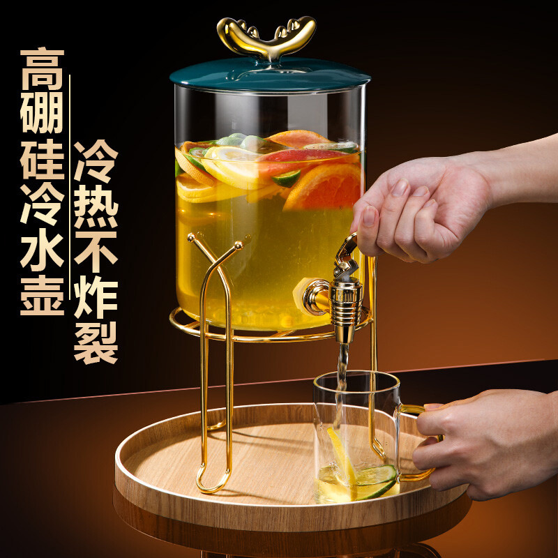 Glass cold water bucket with faucet, juice cold drink bucket, high-temperature resistant white spirit brewing bucket, high borosilicate glass cold water bucket full figure