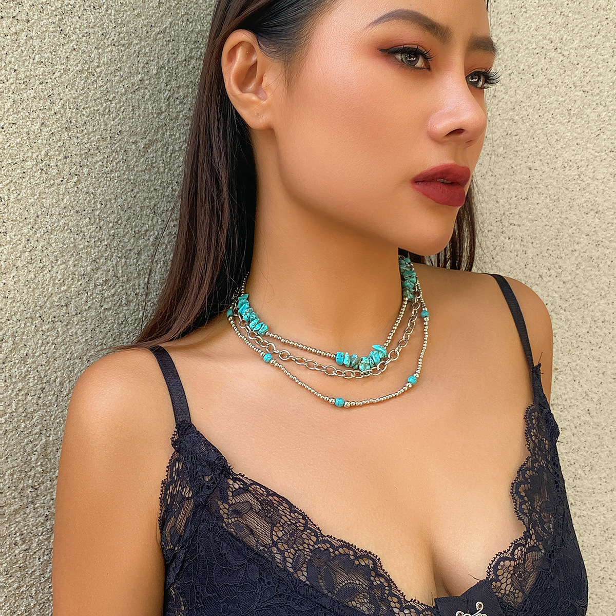 European and American cross-border jewelry, ethnic style cross-chain color-blocking necklace, retro patterned turquoise set necklace for women Specification drawing