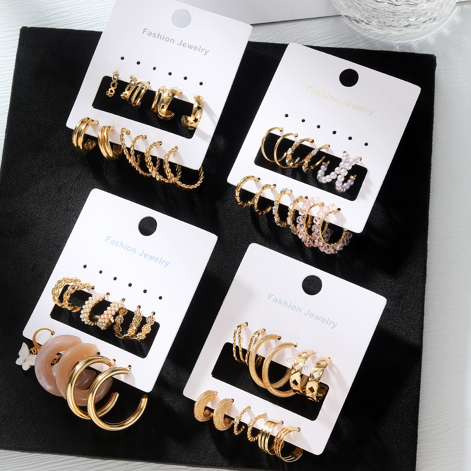 Cross-border source fashion commuting butterfly pearl stud earrings High-end metal earrings 9-pair earring set combination Specification drawing