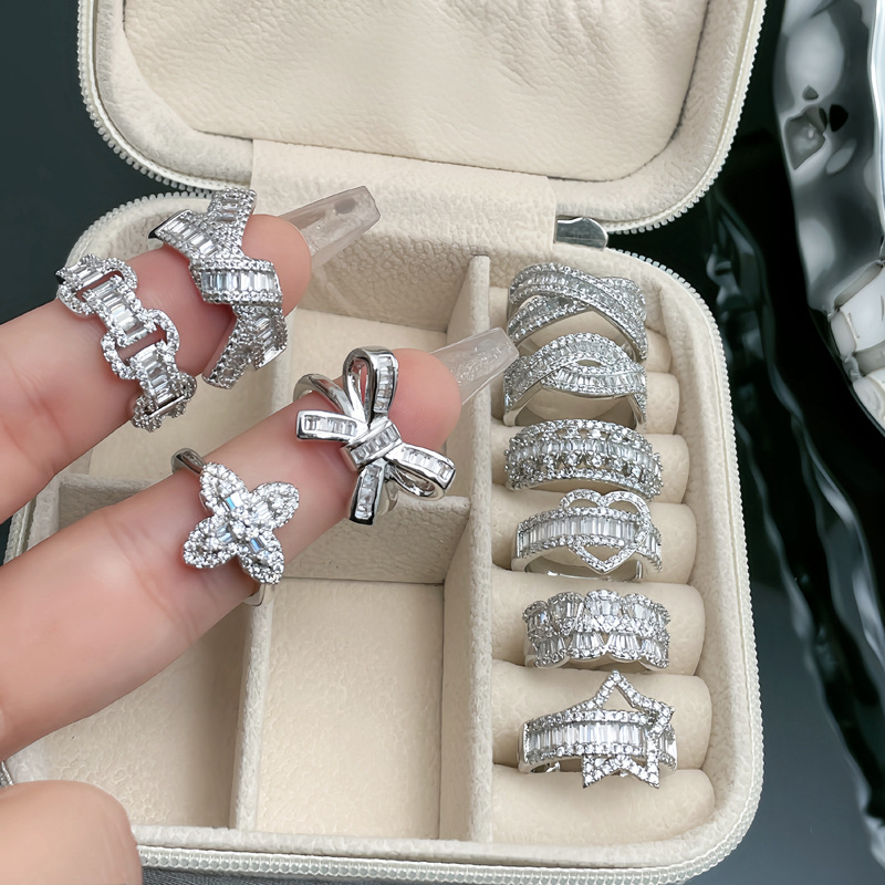 A new cross-border bestseller, fashionable open-cut diamond ring for women, with a touch of European and American light luxury and high-end geometric full diamond ring details Picture