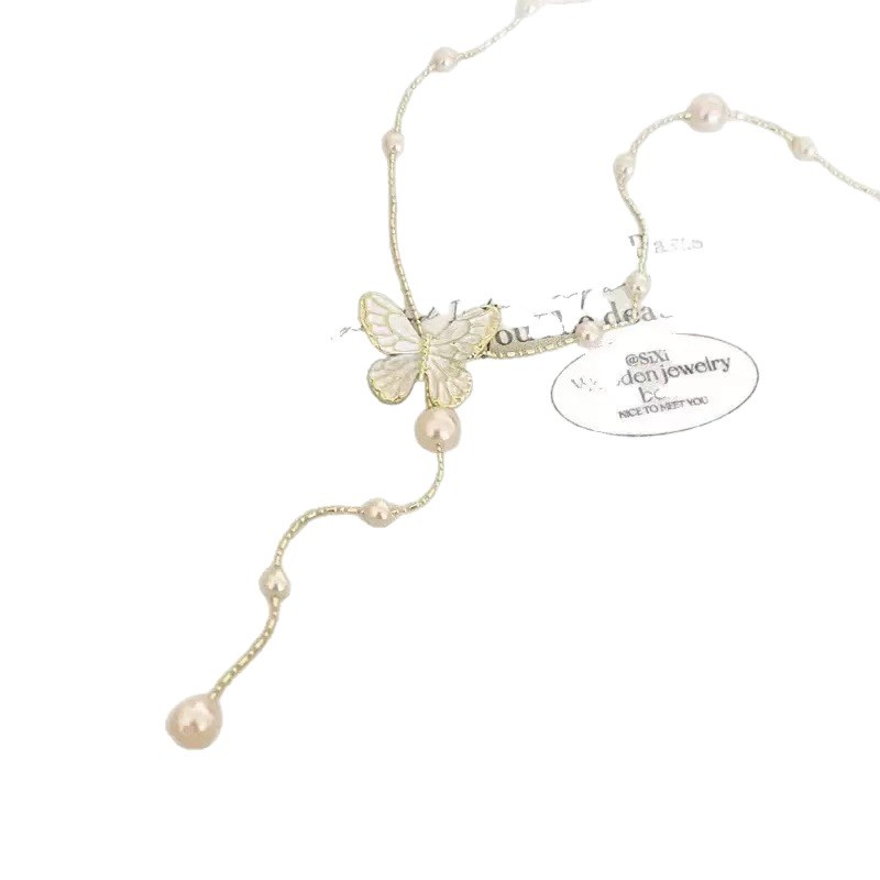 White butterfly pearl necklace with a unique and elegant design for women, pink zircon butterfly light luxury necklace Item Picture