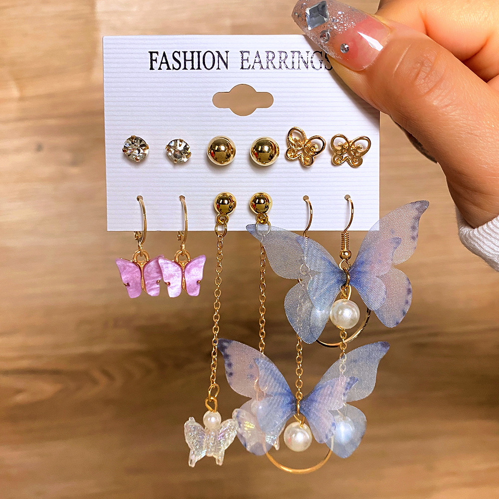 New asymmetrical acrylic mesh butterfly pendant earring set for European and American foreign trade, ins full figure