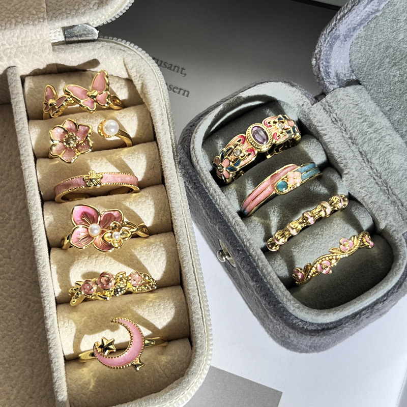 Korean sweet pink enamel flower drop glaze elegant open ring, a fashionable and niche design sense light luxury ring for women Specification drawing