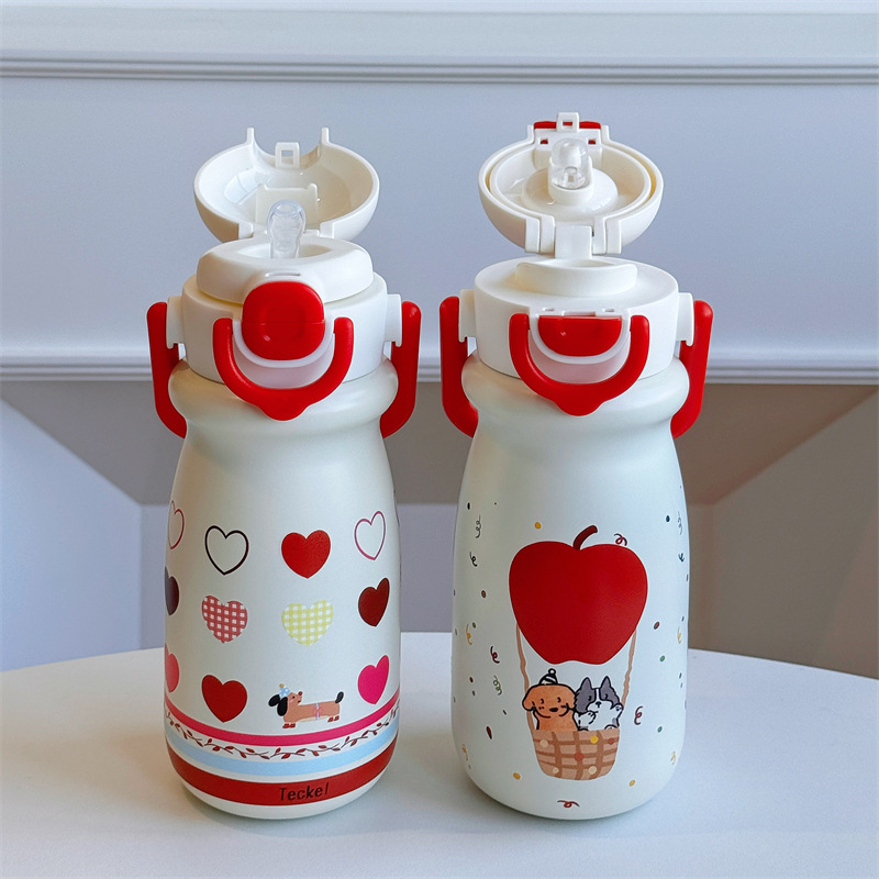Cute pet hand-held bouncing double-drinking stainless steel insulated cup 2025 new style cute cartoon high appearance level straw cup water cup details Picture