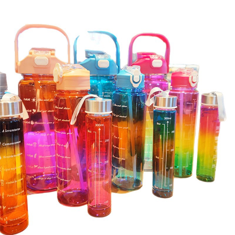 Gradient colorful three-piece set, large capacity straw, PET plastic cup with scale, fitness handle, sports cold water cup Item Picture