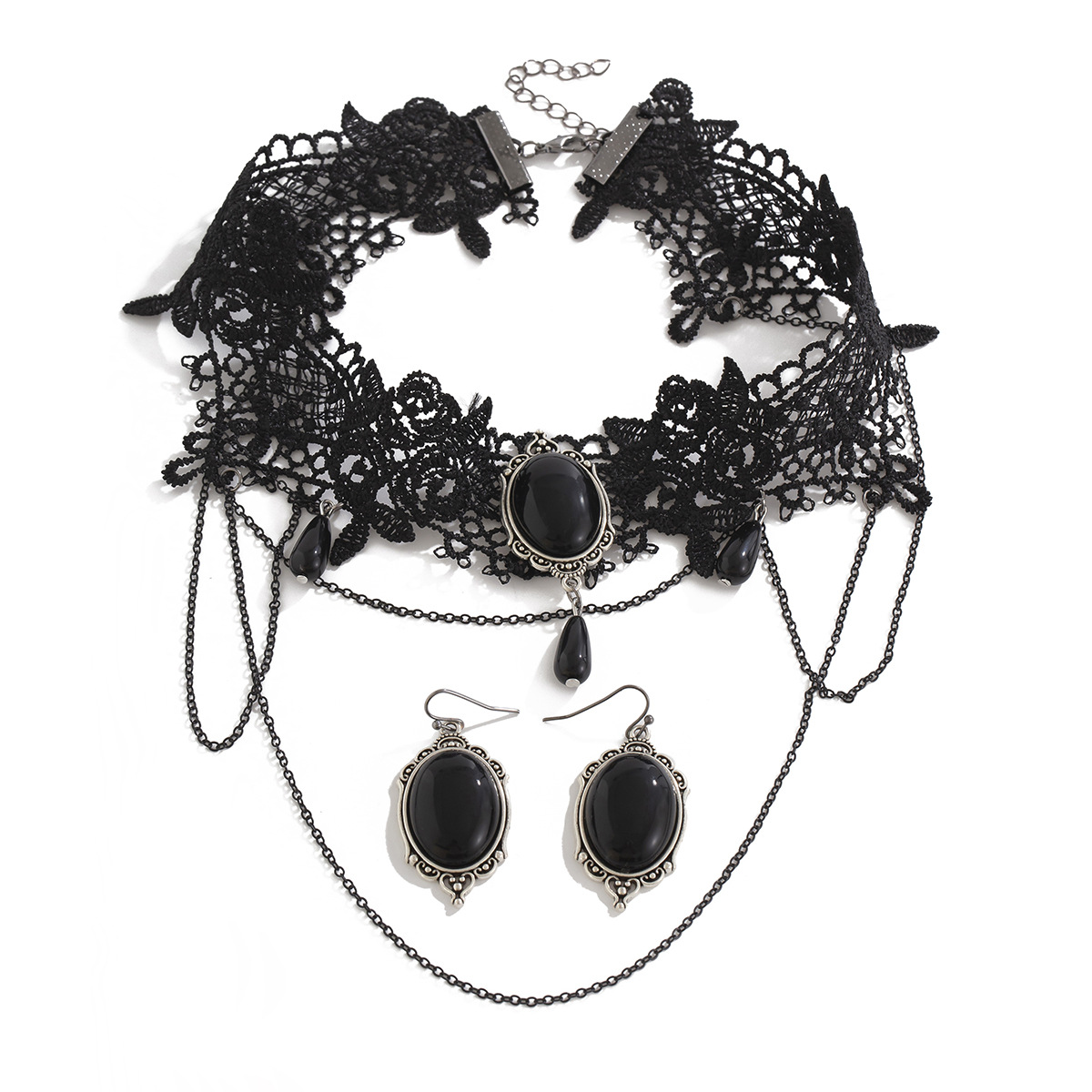 European and American cross-border jewelry, Gothic style moon alloy necklace set, feminine multi-layer lace tassel collar Item Picture