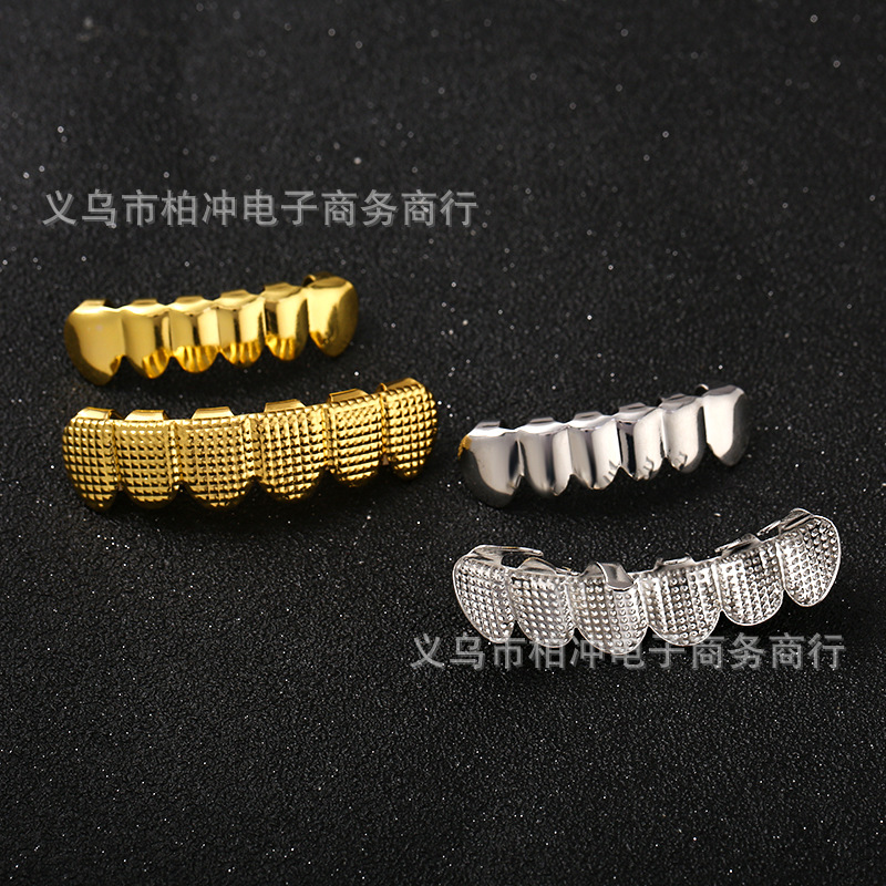 Lattice striped hip-hop braces 18k gold-plated six-toothed golden teeth Halloween vampire dentures accessory grills hee details Picture