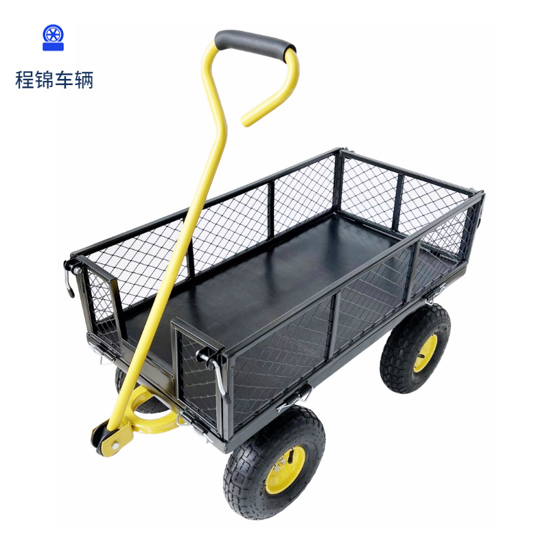Side-detachable steel outdoor towing practical four-wheel garden trolley, heavy-duty durable steel mesh transport trolley full figure