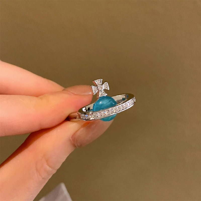 Three-dimensional Saturn sea blue cat's eye open ring for women, a niche design on Instagram, with a high-end and exquisite stacked ring details Picture