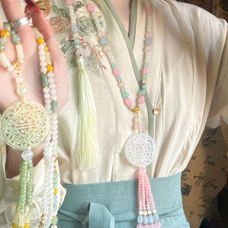 Ancient-style long glass necklace, new Chinese-style super-long back cloud tassel, fresh and delicate accessory, horse face skirt accessory full figure