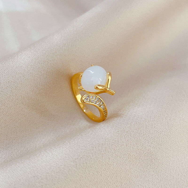【 Real Gold 】 White jade Fox Zircon ring with adjustable opening, simple Japanese-style bracelet, couple rings Item Picture