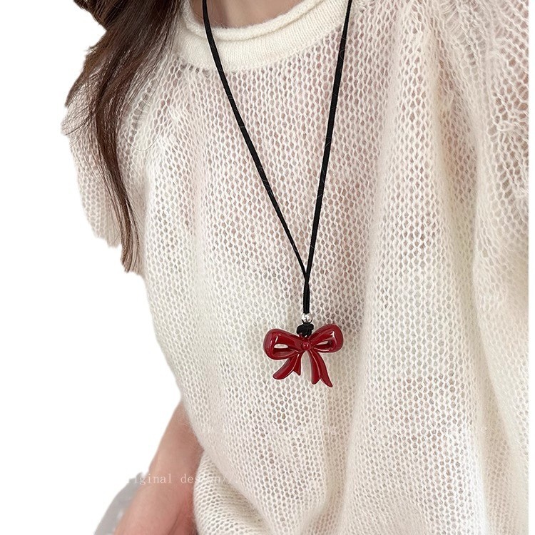 Ankela Red Bow Necklace for Women 2024 New style, with a unique and sweet design sense, versatile and personalized sweater chain Item Picture