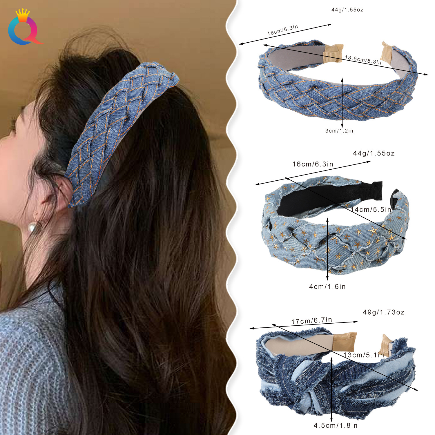 Wholesale of Qiyue retro denim pleated headbands, fabric headbands, women's French style, individualistic and high-end wide-edge hair clips details Picture