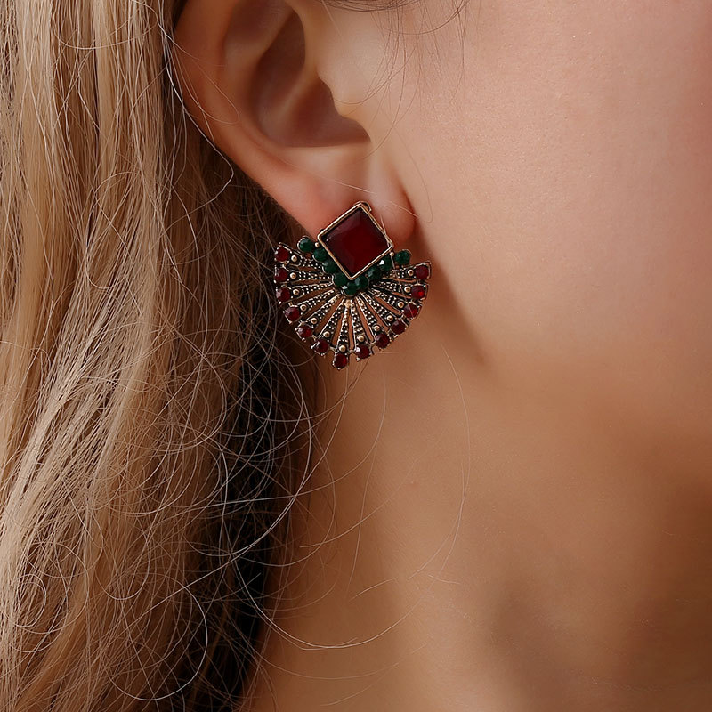 Europe and the United States retro Bohemian national wind ruby earrings selling fan crystal stud jewelry wholesale full figure
