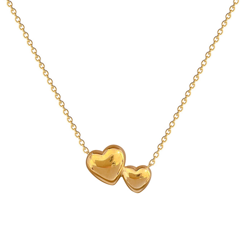 【 All-titanium Steel 】 Smooth double heart style, minimalist style, real gold necklace inside the furnace, women's ins collarbone chain Item Picture
