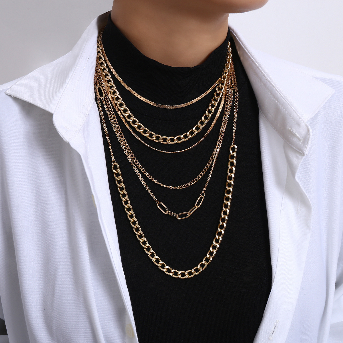 European and American cross-border jewelry punk metal hip-hop set necklace for women, simple mixed and matched cross-chain geometric necklace full figure