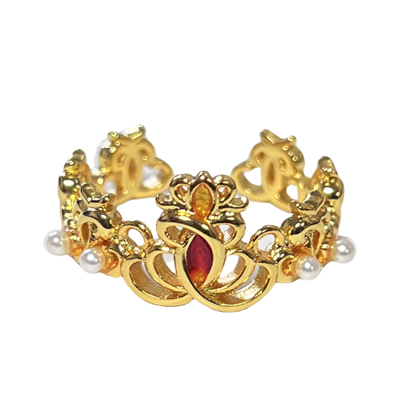 European and American fashionable drip-glazed pearl inlaid, elegant open ring, women's high-end sense, hollowed-out crown, sweet and cool light luxury ring Item Picture