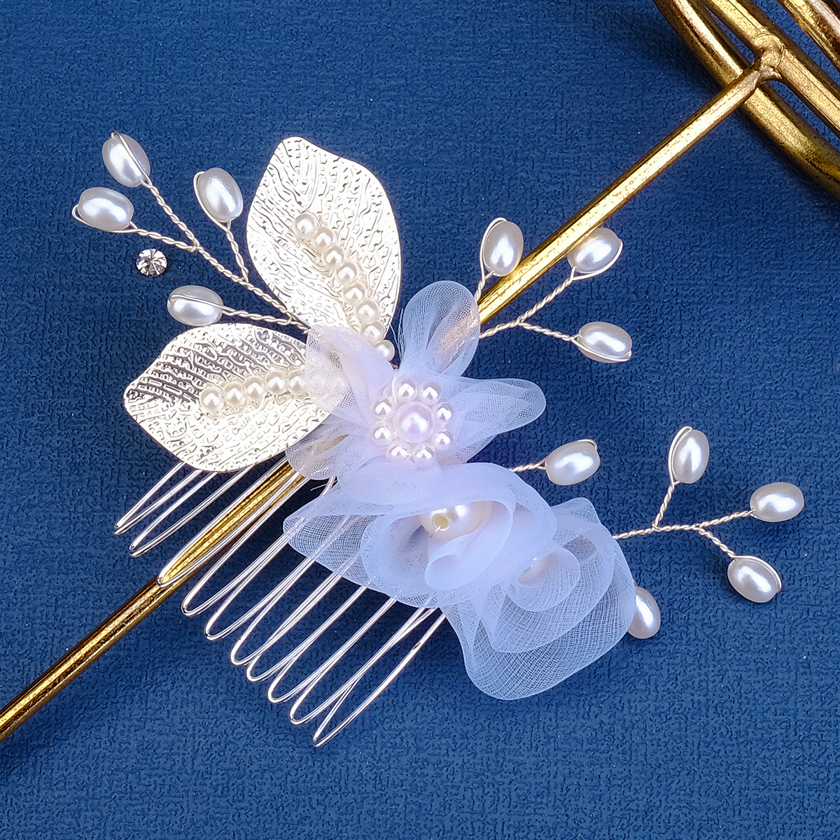 Ancient-style bride's headwear, forest-themed fairy-like light blue flower headwear, flower arrangement comb, versatile wedding updo hair accessories, pearl hair comb Specification drawing