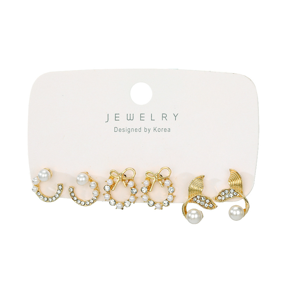 European and American cross-border ins bow fishtail pearl moon stud diamond-encrusted fashionable and elegant earring set 3-piece batch Item Picture