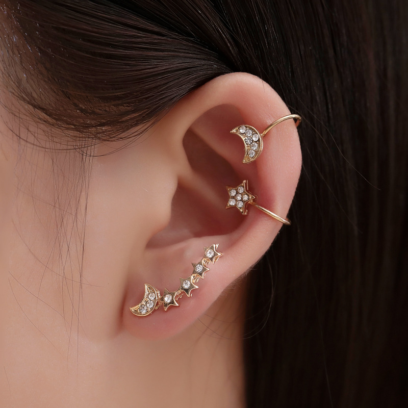 Cross-border bestseller set: no-ear piercing earrings, Full diamond stars and Moon 3-piece set of ear clips, women's cross-border trendy earrings full figure