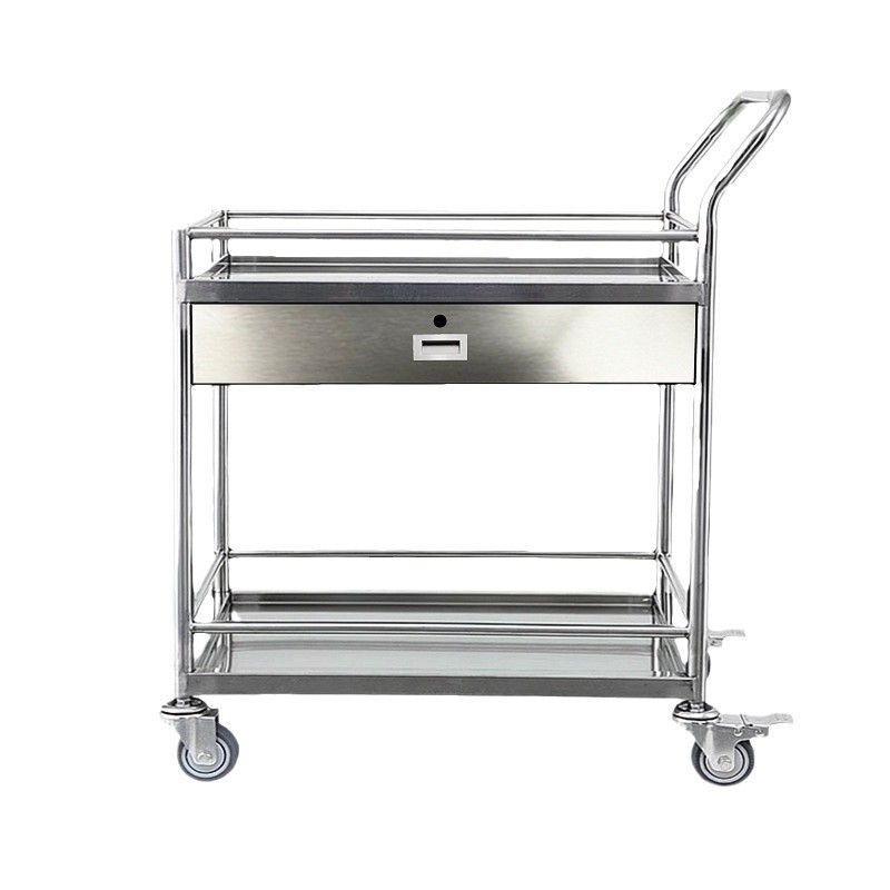 Thickened stainless steel double-layer trolley, laboratory instrument turnover trolley, double-drawer silent office push-pull trolley Item Picture