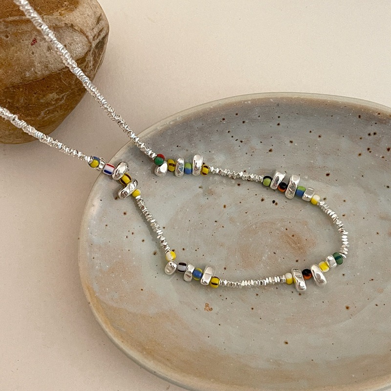 Ins-style blogger's personalized silver and colorful beaded necklace, women's collarbone chain, popular neckchain, 2023 new style for women details Picture