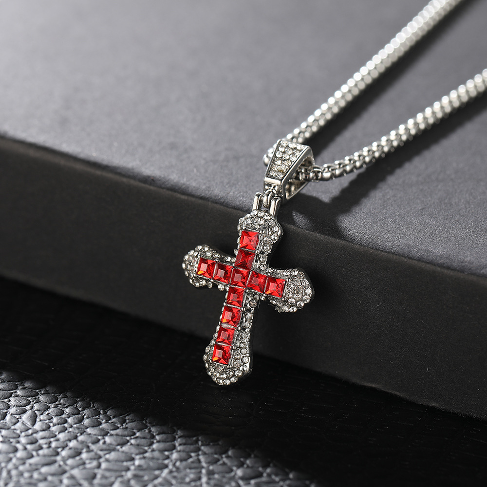 Wholesale of new European and American full-diamond cross pendant men's and women's street fashion light luxury zirconium-inlaid couple necklaces and sweater chains details Picture