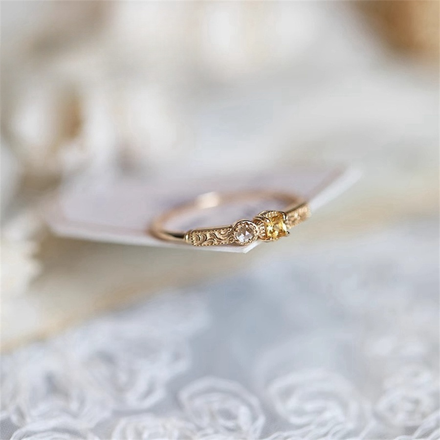 Sea salt lemon tea Japanese-style retro exquisite yellow crystal zircon ring, women's light luxury high-end, versatile open ring Item Picture