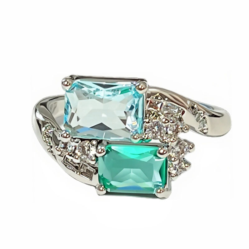 Cross-border Heavy Industry Green and blue ice-transparent Double Zircon small cube Sugar Exquisite Open ring Women's light luxury high-end retro ring Item Picture
