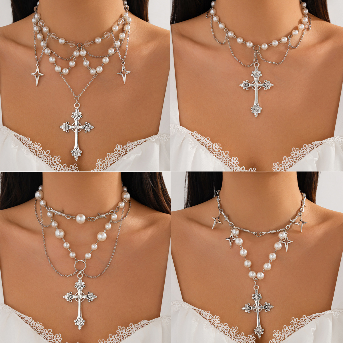 European and American cross-border jewelry cross pearl beaded pendant Necklace, fashionable alloy Necklace punk full figure