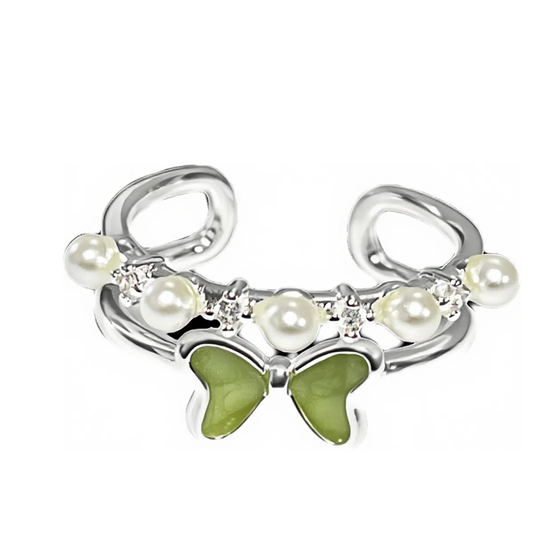 Fashionable and fresh light green enamel drop glaze heart-shaped bow double-layer pearl ring, a cold and unique index finger ring for women Item Picture