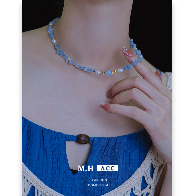 New irregular aquamarine freshwater pearl necklace, high-end, sweet and ethereal collarbone chain, versatile necklace wholesale Specification drawing
