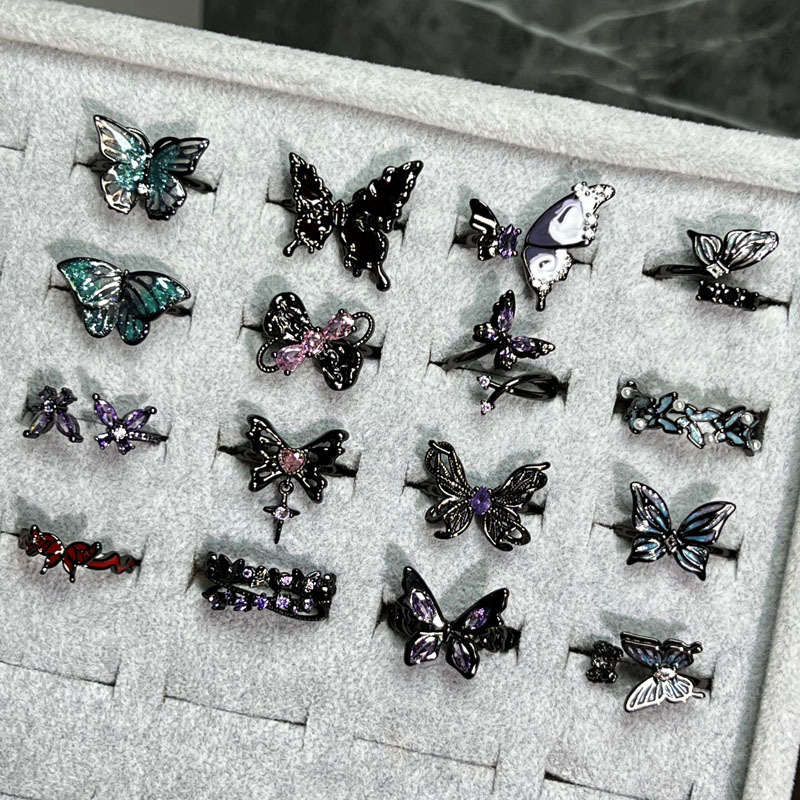 Baroque dark style creative exquisite purple diamond enamel butterfly ring, neutral style punk hot girl personality ring trend details Picture