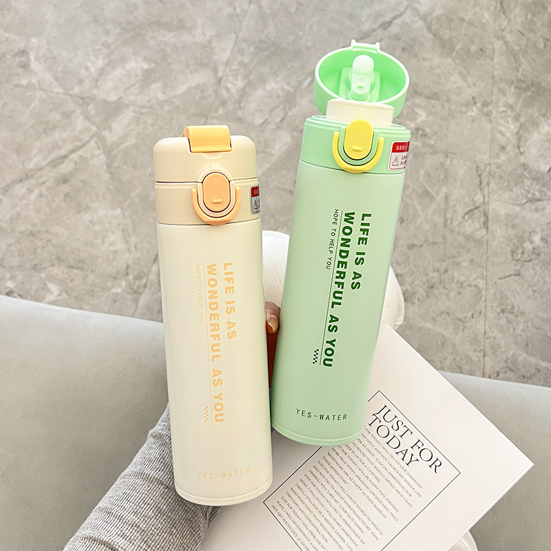 New fashionable letter print double-drinking straw insulated cup, stainless steel cup for high school girls with high school appearance level, one-piece consignment full figure