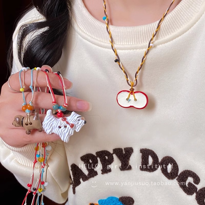 Cute and adorable apple heart-shaped puppy pendant necklace for women, colorful, fashionable and versatile long braided rope collarbone chain Application Scenario