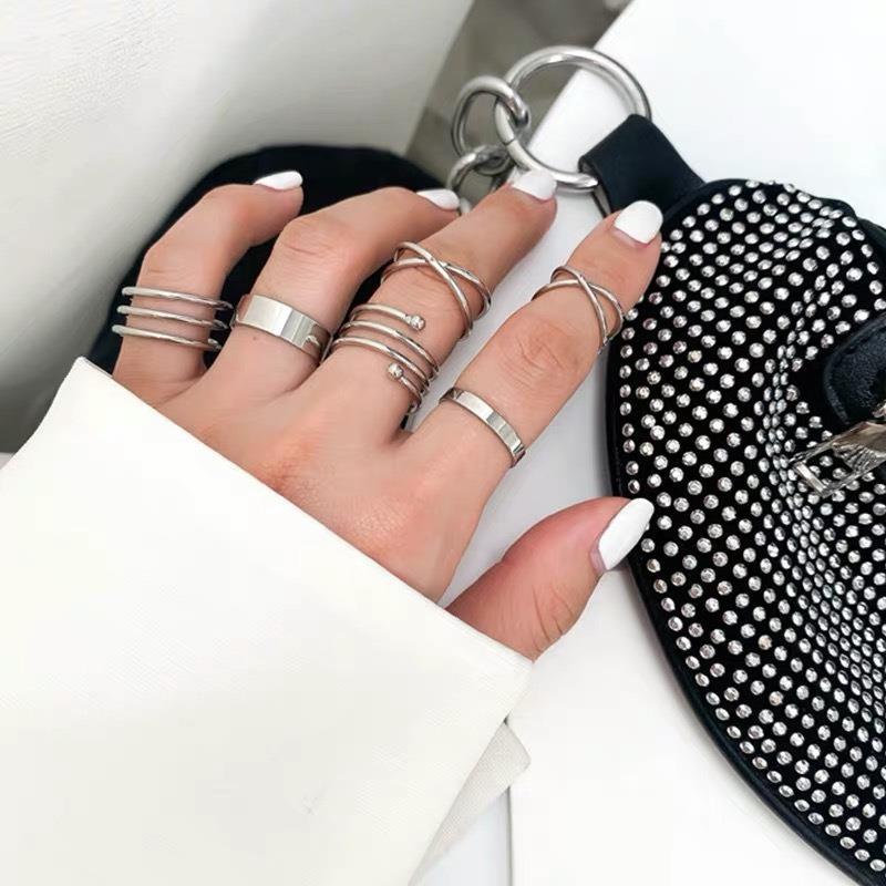 Wholesale of retro and personalized six-piece metal index finger ring jewelry with open geometric cross rings for European and American trade details Picture