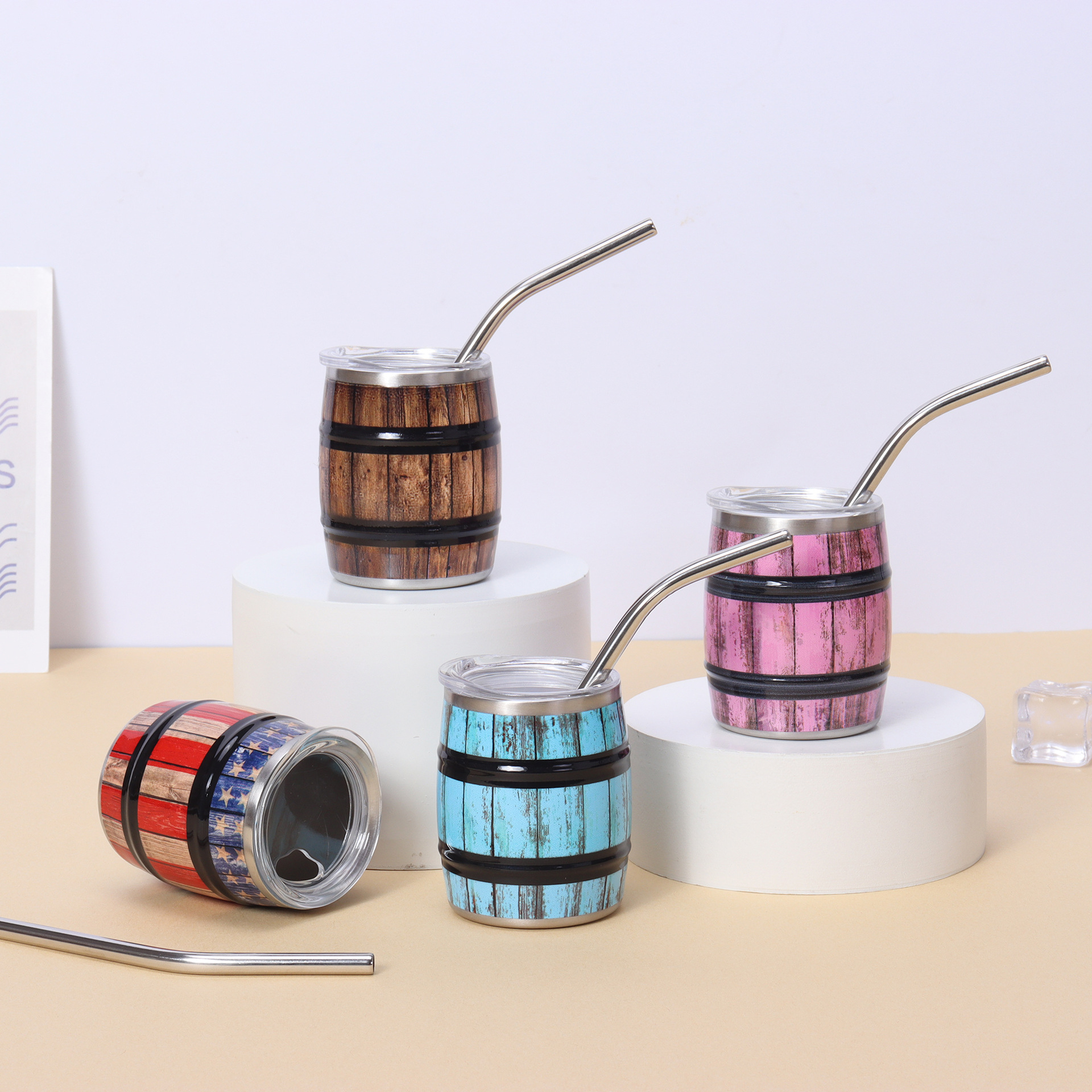 Wholesale of new 3oz wooden barrel beer mugs, 304 stainless steel small wine glasses, mini straws, wood-grain beer barrels and water cups full figure