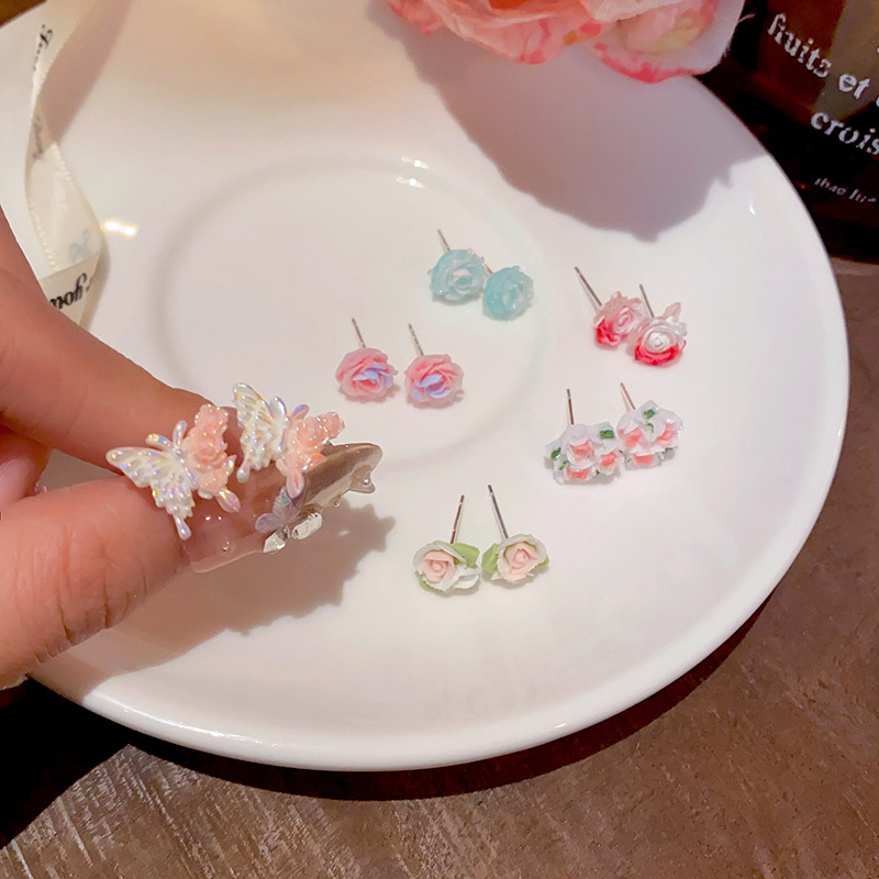 Six pairs of pink flower-shaped butterfly earrings, resin set, stud earrings, sweet, fresh and simple design for women Specification drawing