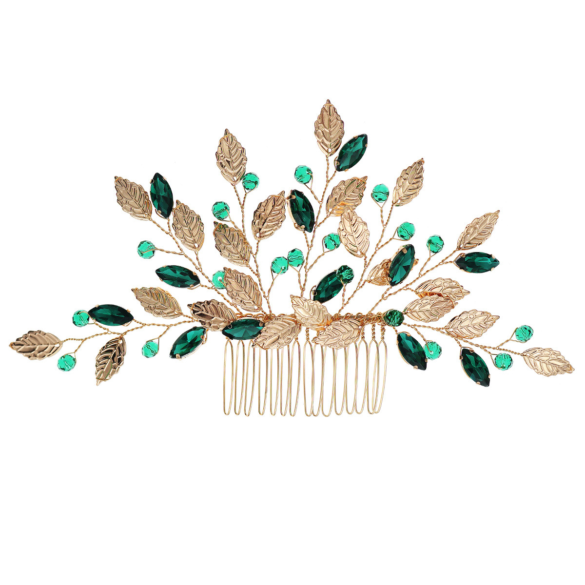 European and American wedding accessories, handcrafted green crystal hair combs, super fairy-like retro ball hair accessories, golden leaf bride's updo hair combs Item Picture
