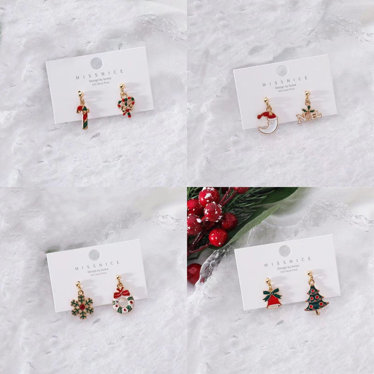 Cross-border European and American Christmas earrings, fashionable and creative alloy oil-dropping stud earrings, Christmas tree snowflake reindeer bell earrings full figure