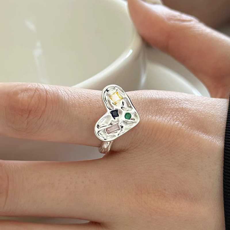 Irregular heart-shaped color diamond tin foil texture open ring, women's light luxury, niche, ins simple and high-end style index ring details Picture