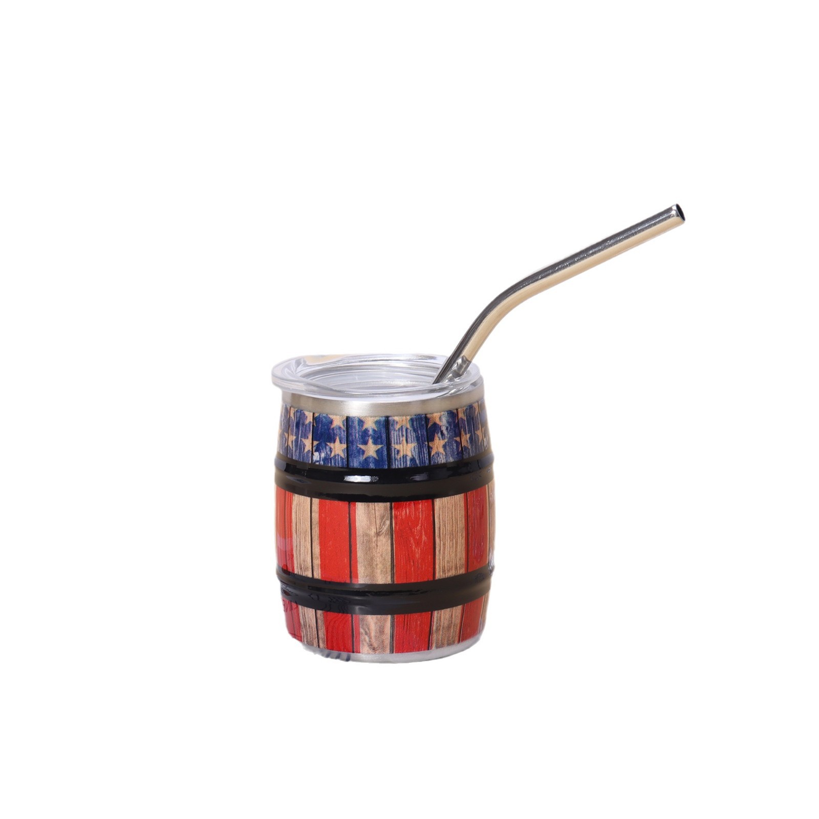 Wholesale of new 3oz wooden barrel beer mugs, 304 stainless steel small wine glasses, mini straws, wood-grain beer barrels and water cups Item Picture