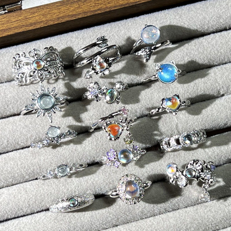 Wholesale cross-border European and American style personalized moonstone fashionable open ring, feminine charm, niche design sense retro ring Specification drawing