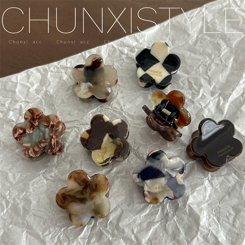 Korean France Gold label ink-wash brown series anti-aging acetic acid flower mini bangs hairpin top clip Specification drawing