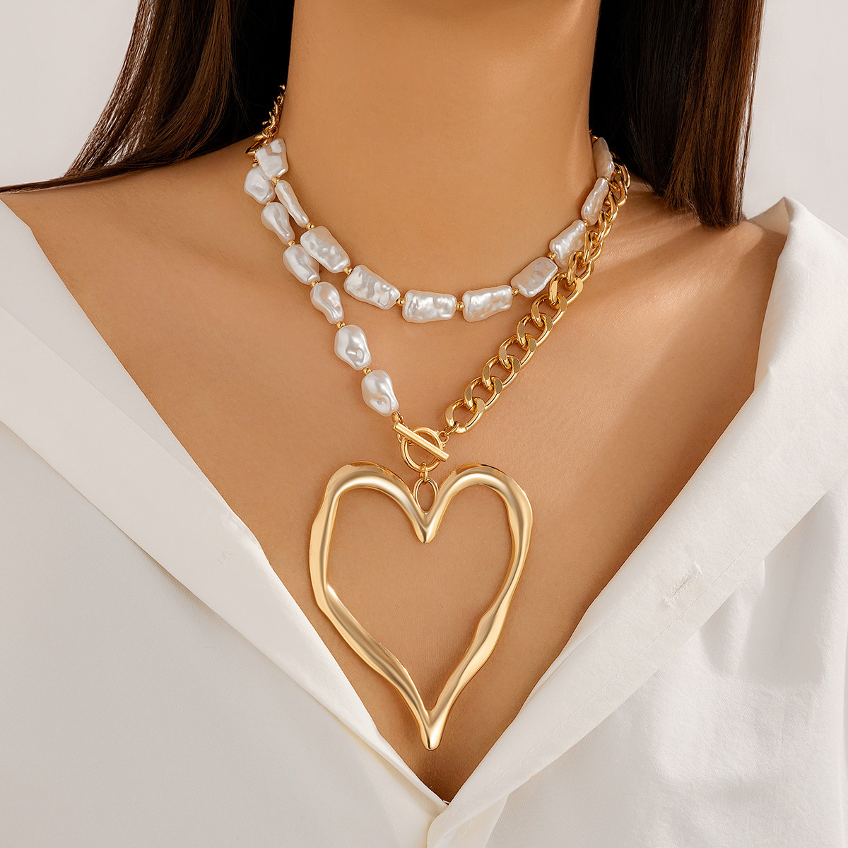 European and American style sweet cool big heart beaded necklace best-selling exaggerated double baroque imitation pearl necklace full figure
